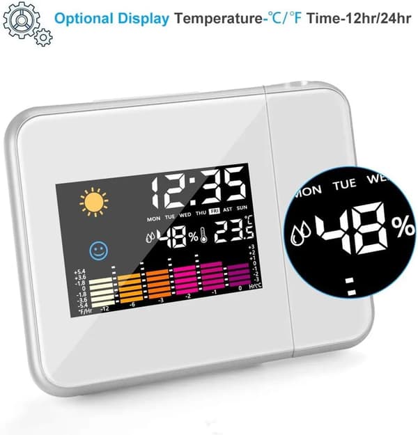 Projection alarm clock with temperature and time projection/USB connection/indoor temperature and humidity/DCF automatic time adjustment/calendar