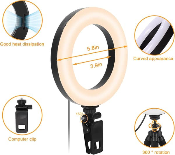 6\" LED-bordlampe med stativ og klemme