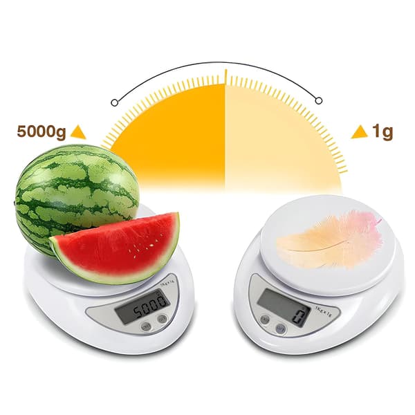 High-Precision Electronic Kitchen Scale, LCD Display, 5 kg Load, 800 ml Bowl Capacity, 5 Units and Tare Function, White