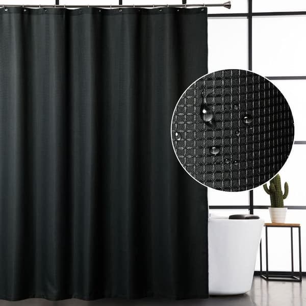 Black Fabric Shower Curtain, Waterproof Waffle Weave Textured Fabric