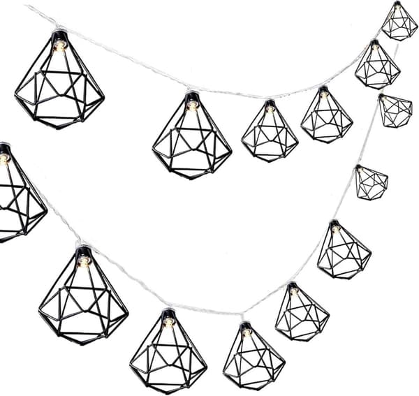 String Lights - Diamond Shape - Industrial Design - LED - 10 Lampshades - Battery - String Lights - Black - 120cm