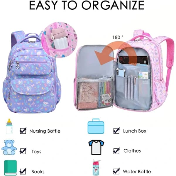 Backpack for boys and girls 7-12 years, school bag, waterproof children's backpack, multi-compartment Violet