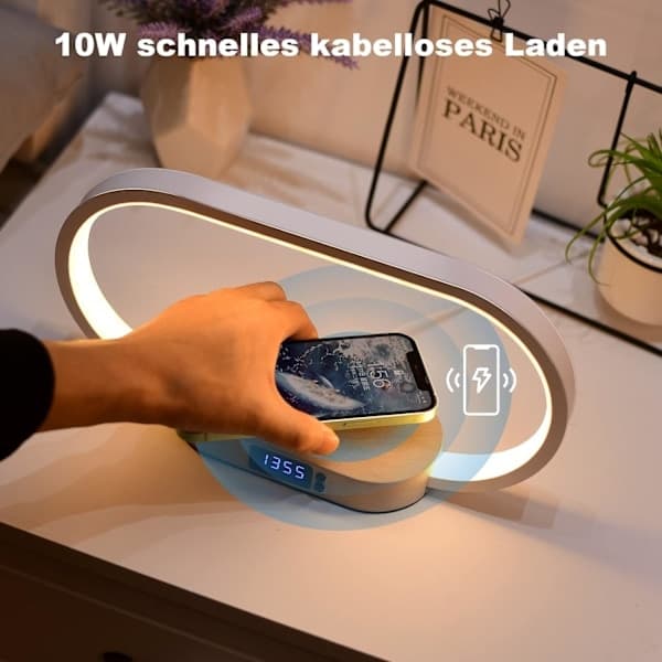 LED bedside lamp, 10W wireless charger and USB, dimmable touch, 3 brightness levels, modern table lamp with clock