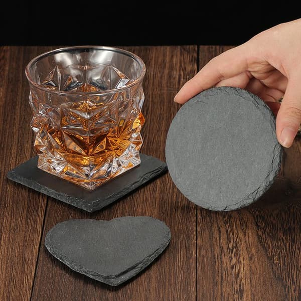 Slate Coasters, 10 cm Diameter (5 pcs) - Decorative Slate Coasters and Bamboo Storage Box (Round)