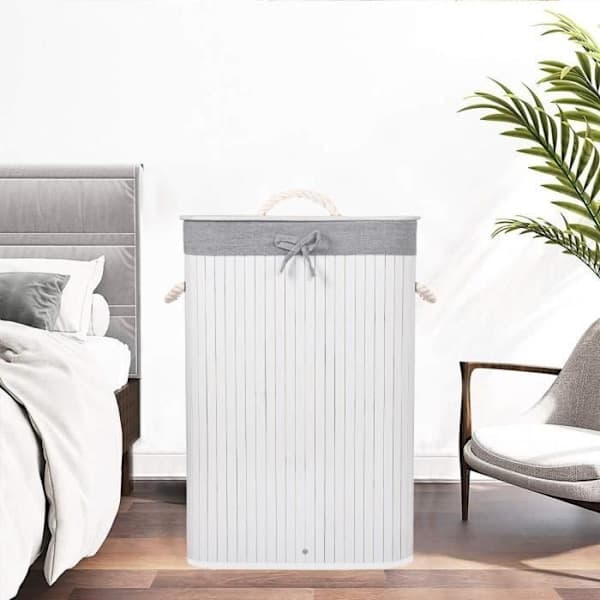 Laundry Basket - SPRINGOS - 72L - Natural Bamboo - White - Modern Scandinavian Style White