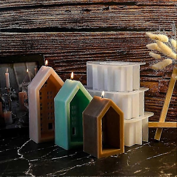 House Candlestick Silicone Mold DIY Handmade Window House Plaster Concrete Resin Candlestick Craft Casting Molds L