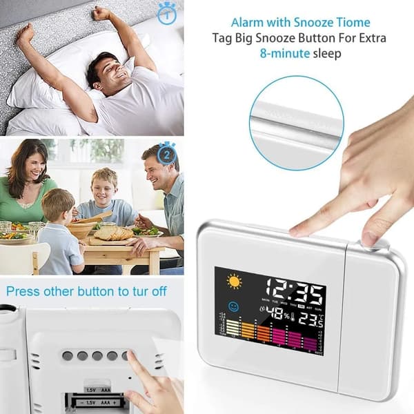 Projection alarm clock with temperature and time projection/USB connection/indoor temperature and humidity/DCF automatic time adjustment/calendar