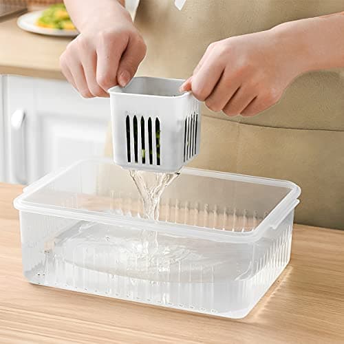 Fresh Produce Refrigerator Organizer with Lid and 6 Removable Drain Baskets for Fridge Storage (Clear) Translucent white six squares Translucent white six squares