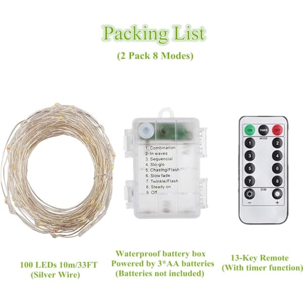 2 x 10m Battery Operated LED String Lights 100 LED Bulbs Timer Function with Remote Control IP65 for Christmas Wedding Party Home Garden White Lighting