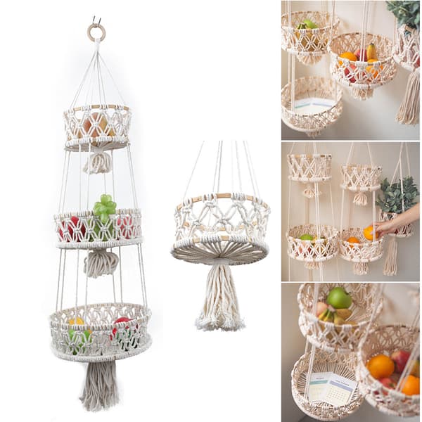 Woven Cotton Rope Fruit Hanging Basket Multifunctional Storage Baskets for Kitchen Living Room Bathroom 2 Tier 2 Tier