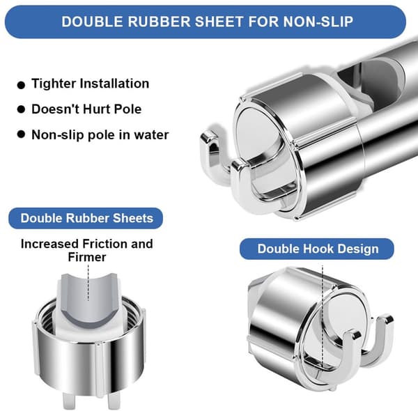Adjustable Shower Head Holder for Shower Bar, 360° Rotating ABS Hand Shower Bracket with 2 Hooks for Bathroom, Chrome Silver