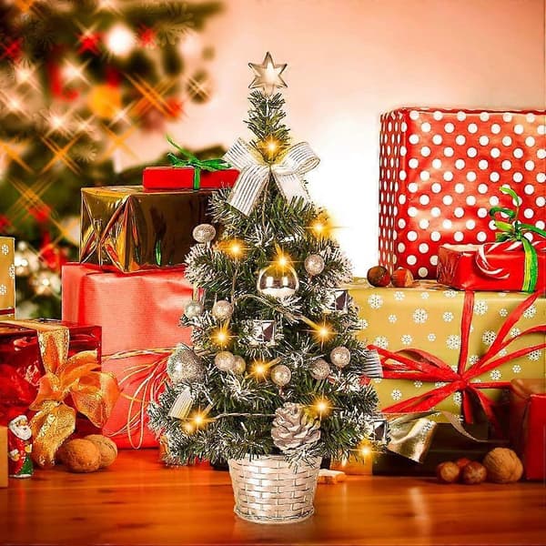 40CM Mini Artificial Christmas Tree, Small Christmas Tree with LED Lights, Mini Tabletop Tree Decoration for Office Commercial Bar, Silver