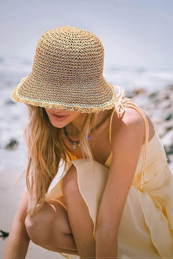 Dam sommarhatt, stråsolhatt med fransar, bredbrättad strandhatt i strå (stor/60cm)-Yvan