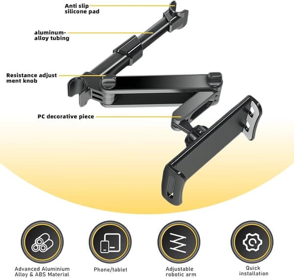 Nestling Tablettholder til bil, 360° roterbar iPad-holder til bagsæde med foldbar arm, biltabletholder til børn