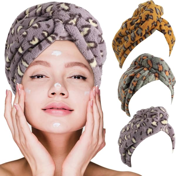 3-pak leopard mikrofiber hårturban, hurtigtørrende hårhætte