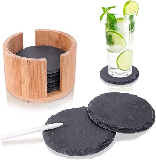 Slate Coasters, 10 cm Diameter (5 pcs) - Decorative Slate Coasters and Bamboo Storage Box (Round)