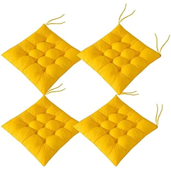 Sæt med 4 bløde stolehynder med bindebånd, sædehynder i polyesterbomuld til spisestue, køkken, terrasse, 40x40 cm gul yellow