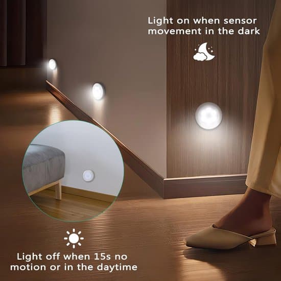 LED-sensor natlamper, 3-pak, batteridrevne, trådløse selvklæbende, med PIR-lyssensor, hvid.