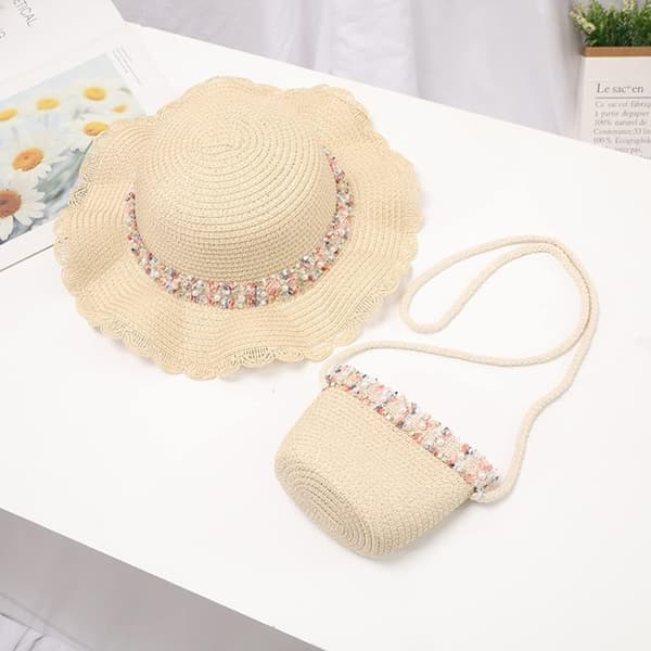 Sommarstråhatt och väska, söt solhatt med bred brätte och vävd axelväska för utomhusbruk för flickor, beige, medium Beige Medium Beige Medium