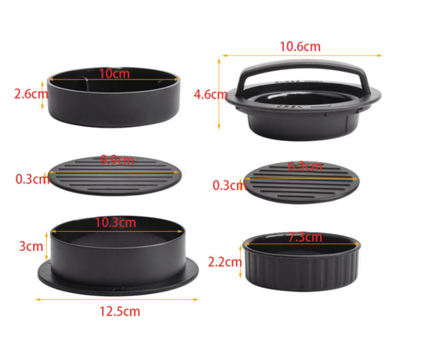3-i-1 hamburgerpress, fylld hamburgerpress med 12 cm-200 non-stick BBQ hamburgerpapper