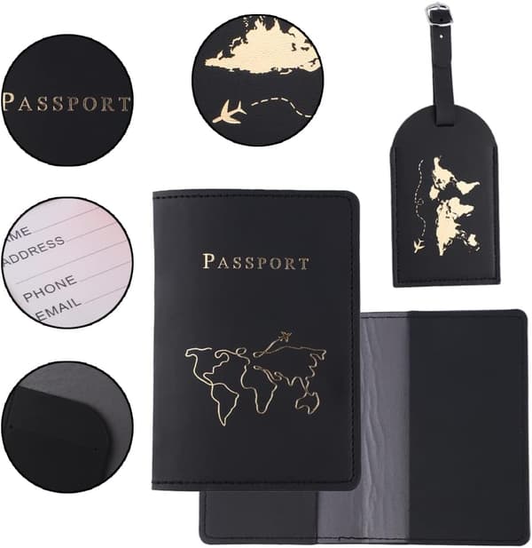Rosa, Svart - 2 bagasjelapper og 2 passholdere, skinnpass