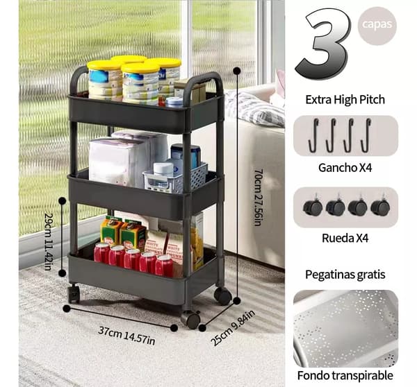 Multifunctional Storage Trolley, 3 Tiers, on Wheels, 360°, Black KLB