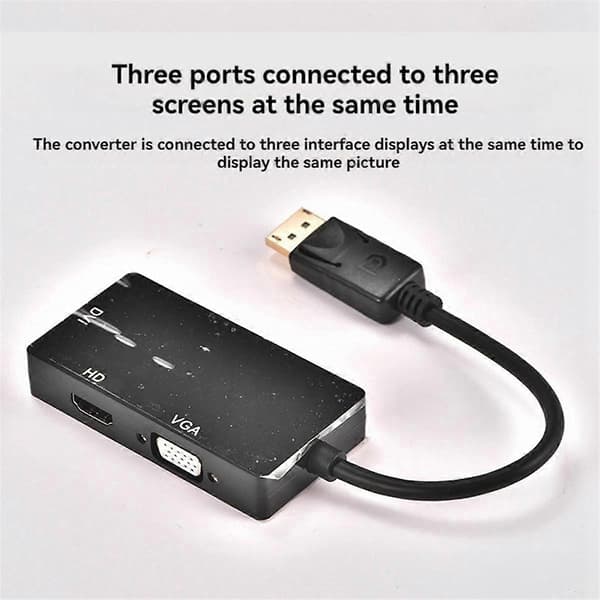 DP til VGA DVI 3-i-1 Adapterkabel DP En-til-tre Videokonverterer Støtter 1080P, Egnet for Pro
