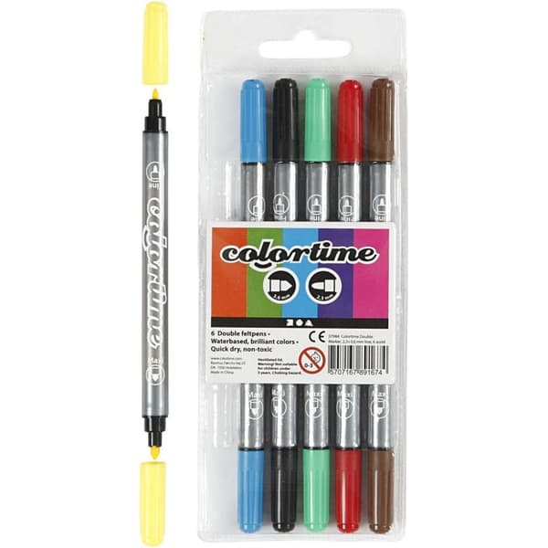 Colortime Dubbel tuschpenna, Standardfärger 6-pack - Creativ Company