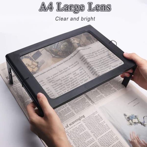 Reading Magnifier 3X Large Rectangular A4 PVC Page Magnifier with 4 LED Lights and Foldable Stand for Seniors with Low Vision Black