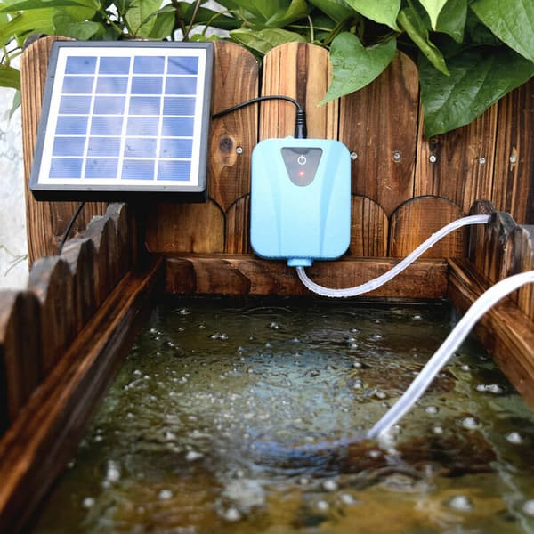 Solar driven oxygen pump with solar/DC power charging, pond oxygen pump with 1 air stone, aquarium pump 2L/min, silver - silver, Sunny