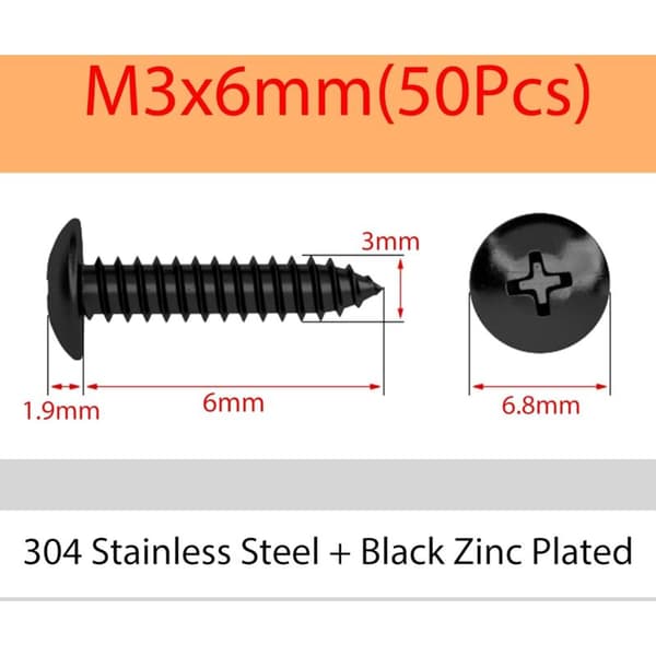 M3 x 6 mm 50 stk 304 rustfritt stål rundhode treskruer Phillips sopphode selvskruende skruer