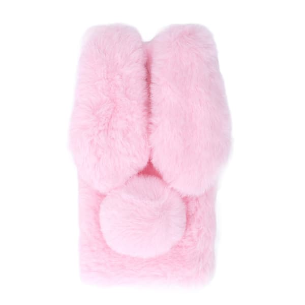 Fluffy Rabbit Ear Phone Case Warm Smooth Rabbit Fur Case TPU Soft Phone Shell Protective Cover for Winter Pink for A32 4G