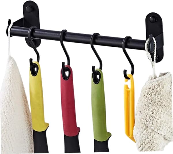 Wall Mounted Pot Rack, 12 Inch Aluminum Kitchen Rail with 4 Hooks, Rustproof Utensil Holder for Pans and Pots, Black