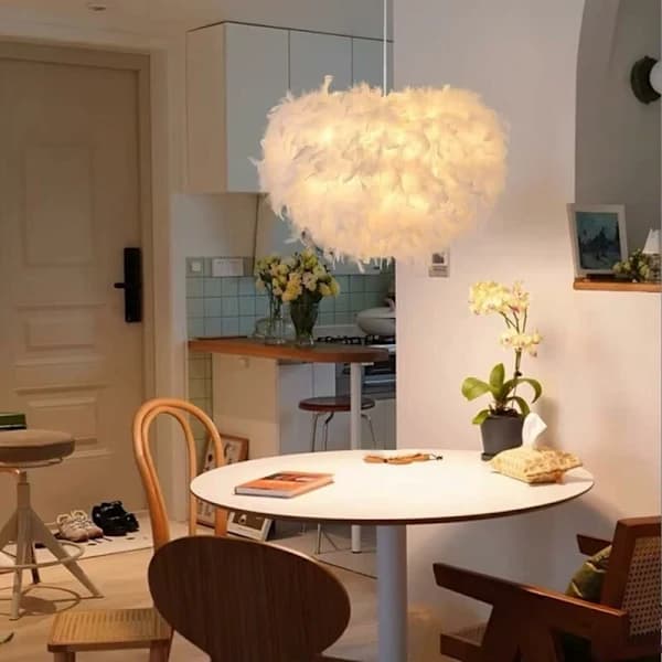 Modern Pendant Lamp White Feather Ceiling Lampshade for Kitchen Island Bar Cafe