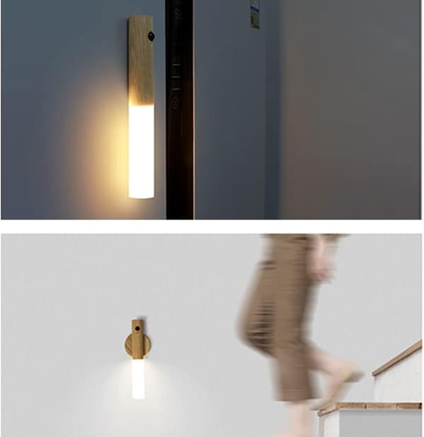 USB Rechargeable Wooden Wall Lamp with Motion Sensor, Indoor Warmth