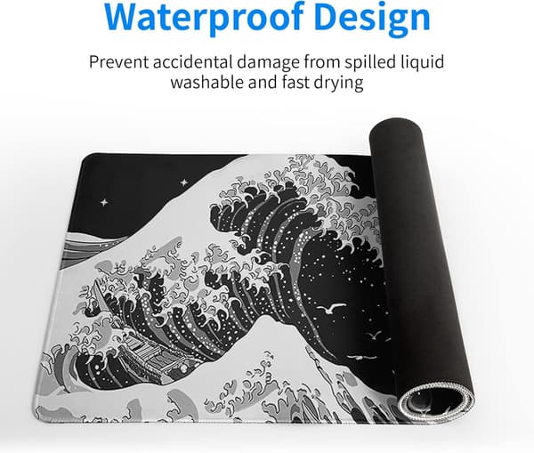 Black Ocean Wave Mouse Pad Abstract Black Gaming Mouse Pad 80x30 cm Ocean Wave Texture Non-Slip Rubber Base Wave Large Mouse Pad Stitched Edges