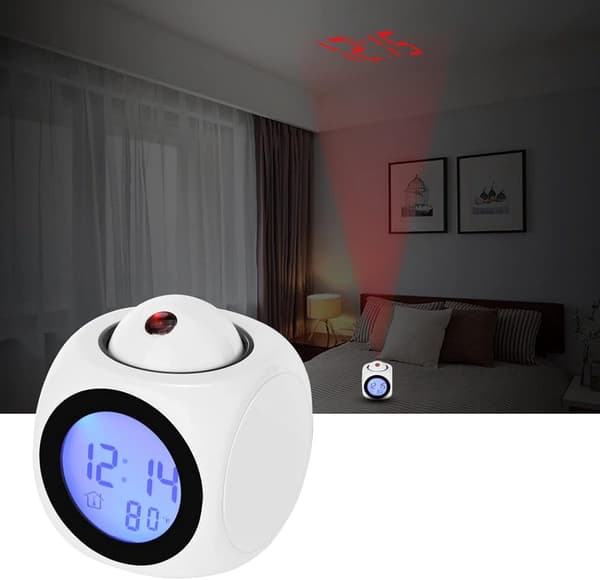 Digital Projection Alarm Clock with Ceiling Display, Voice Announcements, Temperature Display, Battery Operated, White