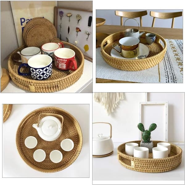 Round Woven Rattan Serving Tray with Handles for Coffee, Drinks, Breakfast, Tea, Candles