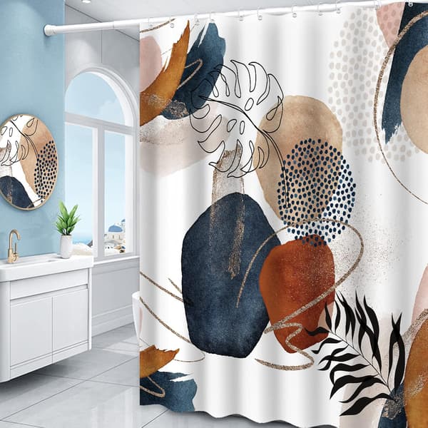 Abstrakt Dusjforheng Boho Mid Century Marineblå Gull Colo