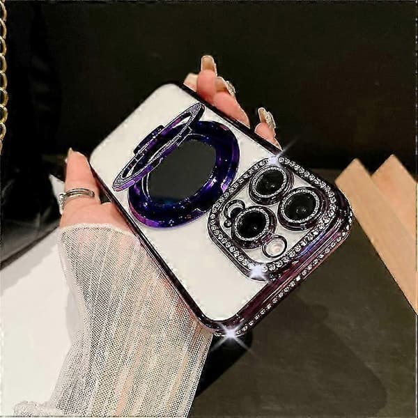 Compatible Case for 16 Pro Max Electroplated Stand Clear Back Phone Case With Glitter Dark Purple