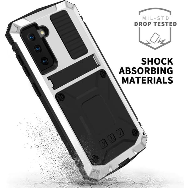 Etui til Galaxy S21 360 Full Metal + TPU Armor Stand til S21 Støtsikkert Etui Sølv