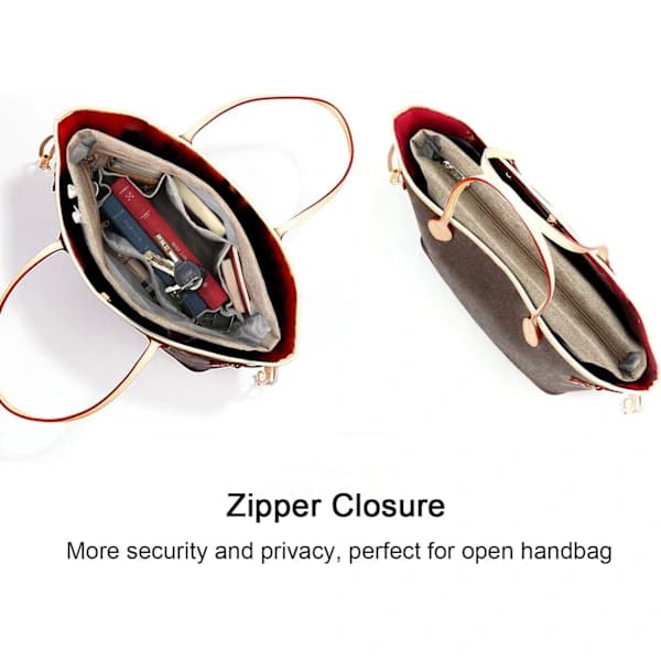 Handbag Organizer, Tote Bag Insert with Multiple Compartments and Zippers, Sturdy Bag Insert with Keychain. Light Brown, S S