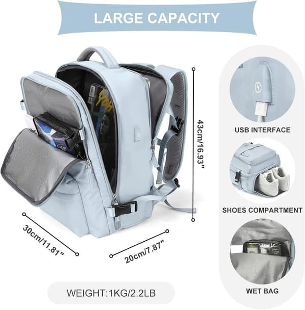 Airline Approved Carry-On Backpack - Waterproof Laptop Backpack for Women and Men - Hiking/Daypack/University Backpack - Blue