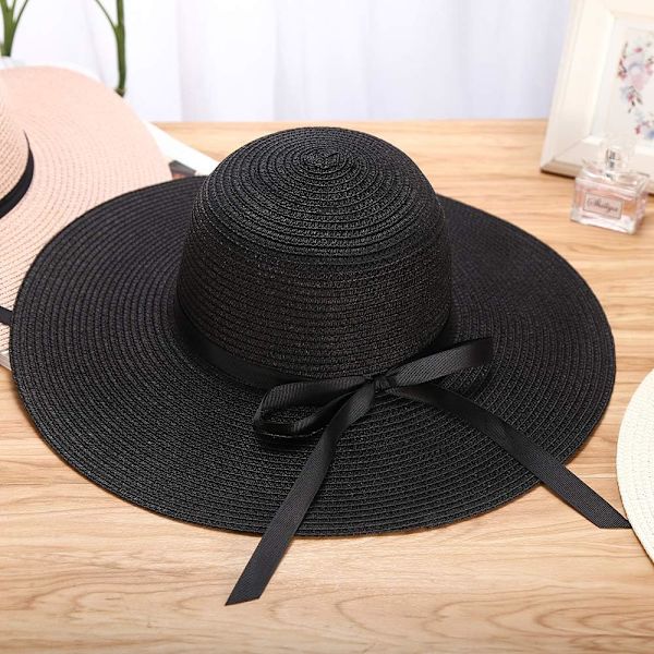 Dame Halmhat Sommer Bowknot Foldbar Hat Solhat (Sort)