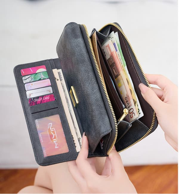 Ny RFID Multifunktionel Dame Trifold Lang Pung Grå