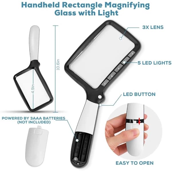 NA/Foldable Handheld Magnifying Glass with Light, 3X Large Rectangular Reading Magnifier with Dimmable LED for Seniors