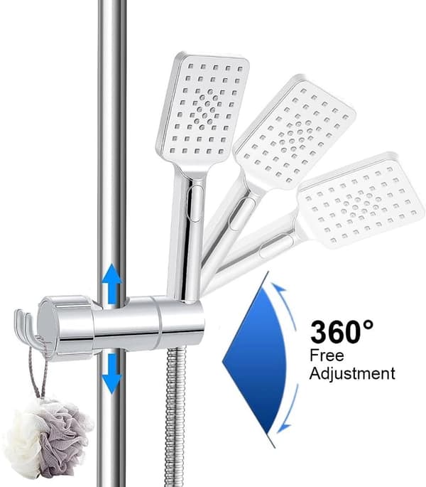 Adjustable Shower Head Holder for Shower Bar, 360° Rotating ABS Hand Shower Bracket with 2 Hooks for Bathroom, Chrome Silver