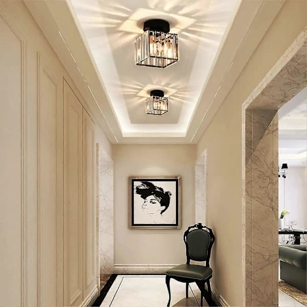 Modern Crystal Ceiling Light for Entryway, E27 Mini Crystal Chandelier, LED Ceiling Lamp Square Lampshade (Black)