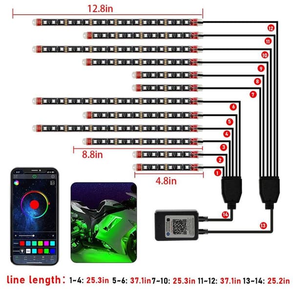 Motorcykel LED Underglow Kit, Vandtætte RGB Lysstriber, 12 stk