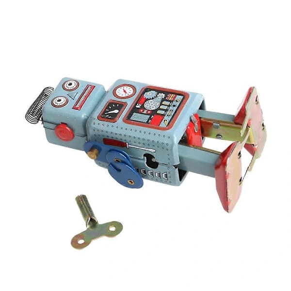 Vintage Mekanisk Uppdragbar Gående Robot Tennleksak Barnpresent Samlarobjekt